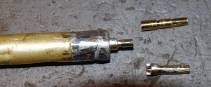 3 ... closeup of the filed down brass rod and the 2 female centre pins (LMR400 pin on the top)