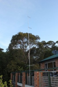 My antenna on the handrail of the front deck.