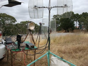 2400/3400 &amp; 5760 Antennas towards South (VK5TE/P PF94gq) on the 6 foot wide tripod base. 24 GHz ( 2 systems) towards NW (VK5ZD PF95ek) in the background. Yes that is 10 GHz just being used with waveguide only!