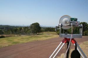 Somewhere out there is Doug VK4OE.  Looking from Howells Knob near Maleny on the Sunshine Coast.  Dish beam width is 1.8 degrees.